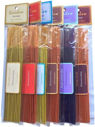 Auroshikha ST Long Rainbow Sandalwood,Natural Frankincense,Opium,Pure Lavender,Floral Musk Incense Sticks (Pack of 6 Set) Each Set 50 Sticks Opium, Frankincense, Musk, Sandalwood, Lavender