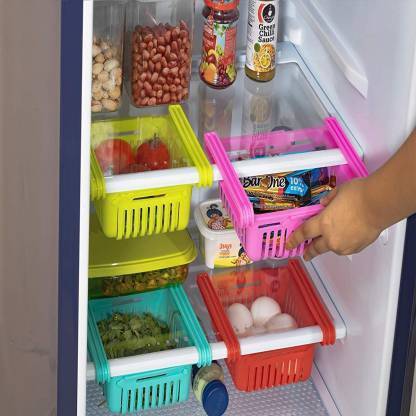 NH KITCHEN WORLD Plastic Fridge Space Saver Organizer Slide Storage Rack Shelf Drawer Unbreakable Expandable Adjustable Fridge Storage Basket Under Shelf Fridge Organiser Rack Space Saver Refrigerator Sliding Drawers Storage Basket