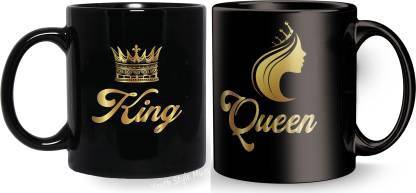 V Kraft "king and queen couple matching mug" trendy and stylish black Ceramic with Handle-Perfect Gift to Anyone On Any Occasion | Coffee & Tea Cup | Pack of 2 Ceramic Coffee Mug