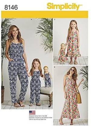 CSS Simplicity 8146 Matching Sets for MissesChildand Doll Jumpsuit and Maxi Dress Sewing PatternXS-XL
