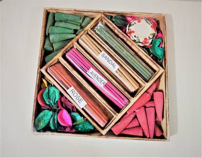 Eon incense stick and incense cones with ceramic holder in wooden packing. Agarbati, dhoop batti sandal,, rose, lotus