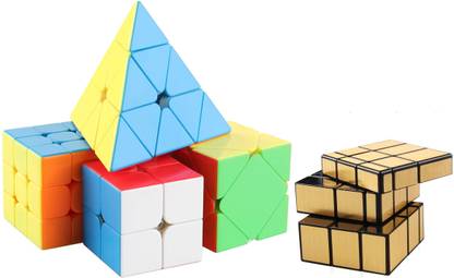Authfort Speed Cube Set 2x2 3x3 Mofang Jiaoshi MF2S MF3RS2 Skewb Pyramid & Pentagon , Gold Mirror Stickered Speed Cube Bundle Pack of 5