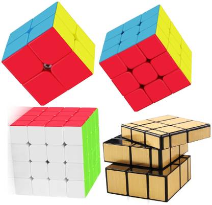 Authfort Speed Cube Sticker less Set 2x2 3x3 4x4 Mofang jiaoshi Gold Mirror Stickered Speed Cube Bundle Pack ( 4 piece )