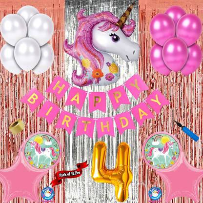Shopperskart Printed Unicorn 4th Birthday Party Decorations – Pack of 74 Pcs for setup at your home Balloon
