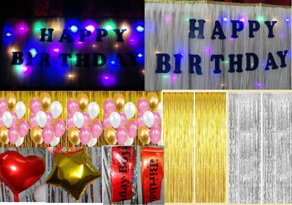 Jouet 39 Piece Happy Birthday Combo Set With LED Multi Color & Multi Format Light Special Effect Birthday Banner (1 piece) + Balloons(11 Gold ,11 Pink, 11 White) + 1 HD Metallic Red Heart shape Balloon + 1 HD Metallic Golden Star Shape Balloon + 2 Golden Fringe curtain(3 X 6 Feet) with 1 Boy Birthday Sash .Make Your Special Day Memorable.