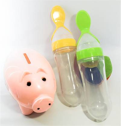 Klarishu Squeeze Silicone Semi Liquid Food Feeder with Spoon  - Food Grade Silicone Bottle, Edgeless Plastic Spoon (BPA Free)