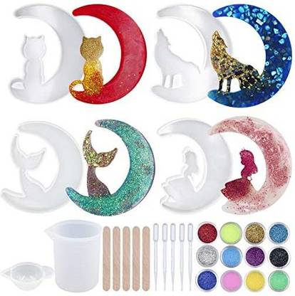 EuTengHao 28Pcs DIY Casting Silicone Resin Molds Kit Crescents Moon Resin Mold Big Silicone Epoxy Resin Molds Includes Glitter Pow