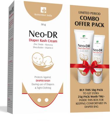 NEO-DR Diaper Rash Cream WITH Zinc Oxide, Shea Butter, Aloe Vera & Vitamin E - Combo Pack of 50 + 25 = 75 gm Cream