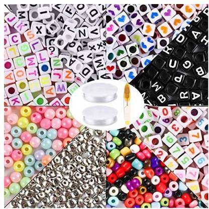 MOFunny 2400pcs Colorful Letter Beads Kit Acrylic Alphabet Cube Number Beads with 2 Roll Elastic Crystal String CordScissor for