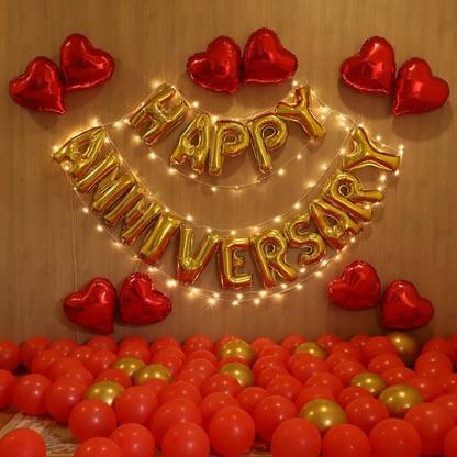 Trixzoom Solid Happy Anniversary Golden Letter Foil Balloons Set with Heart Shape Foil , Battery Operated Fairy Light for Wedding Anniversary Celebration , Room Decorating Items Marriage Theme Decorative Foil Letter Balloon