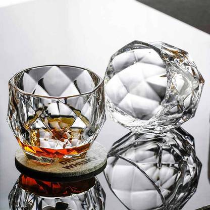 FLANK (Pack of 2) Diamond cut Whiskey Glass, Unique Cool Crystal Rocks Whiskey Glasses for Scotch, Bourbon, Vodka, Liquor(set of 2)(300 ml) Glass Set Whisky Glass