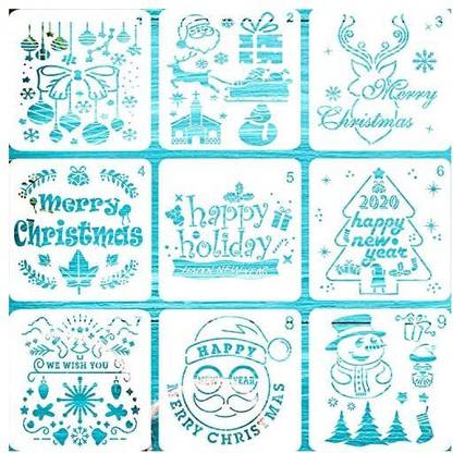 Pocomoco 9 Pieces Christmas Stencils Template DIY Xmas Stencils Designs 7.9''x7.9'' Extra Large Reusable Plastic DIY Drawing Craf