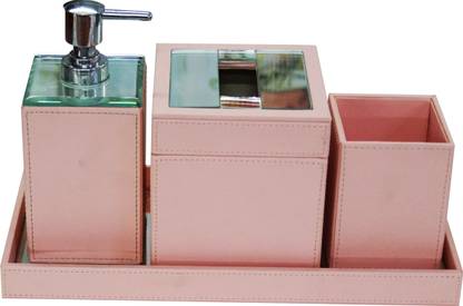 paper pebbles Victoria PU Leather Design Pink Color Bathroom Set (( Set Of 4 )) PP (Polypropylene) Bathroom Set