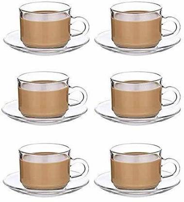 MIRTONICS Pack of 12 Glass Roma Glass Tea Cup & Saucer Set, Clear Cups, 210 ml