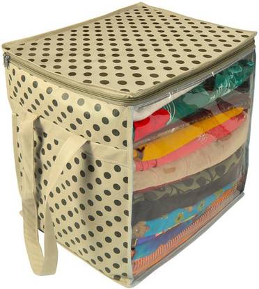 PrettyKrafts XL Saree Cover/sari organizer with handles and transparent front (15 * 12 * 15 In), Ivory Dots F1603_SC_XL_IvoryDots Large Sari Cover