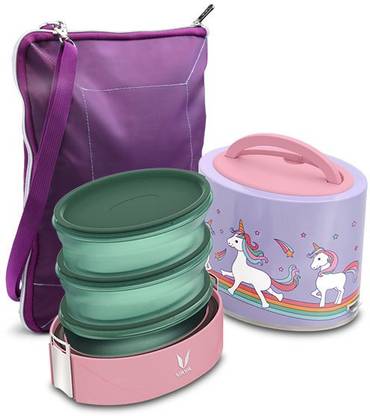 Vaya Tyffyn Flex Unicorn 1000 ml Vacuum Insulated Lunch Box with BagMat and BPA-free Plastic, Microwaveable Containers - 3 Containers Lunch Box