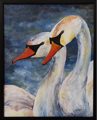 aaihiki Original Handmade Acrylic on Canvas - Swans Acrylic 20.5 inch x 16.5 inch Painting