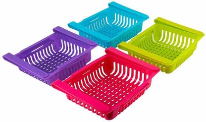parspar Plastic Set of 4 Adjustable Refrigerator Storage Basket, Tray, Shelves Expandable Fridge Rack, Sliding Vegetable Organizer Tray Box, Freeze Space Saver Drawer-Multi Color-Pack of 4 Storage Basket