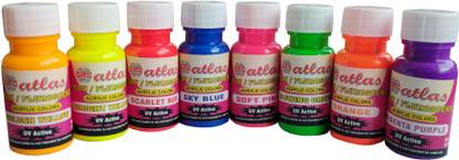 Atlas Colours Neon Fluorescent Acrylic Colours ,8 Shades, 20ml each
