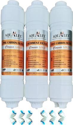 AQUALEX Classic Gold Inline Set, Pre Carbon Filter+ Sediment Filter + Post Carbon Filter Supreme Quality + 6 pcs connactor (Elbow) Suitable for All Brand RO Water Purifier Solid Filter Cartridge
