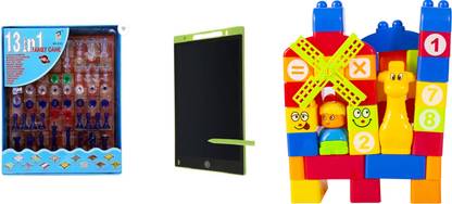 JOYNAA 13 in 1 Family Board Games Magnetic Ludo, Chess, Snake and Ladder and More Board Game for Kids & LCD WRITING TABLET &BUILDING BOX
