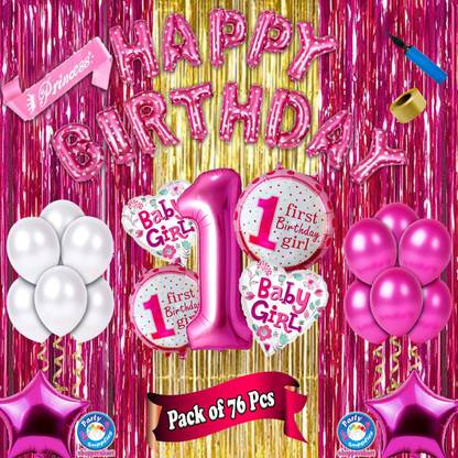 Shopperskart presents Baby Girl First/1st Happy Birthday room/Wall Party Decorations Combo/Kit/Pack (Pack Of 76) Pink