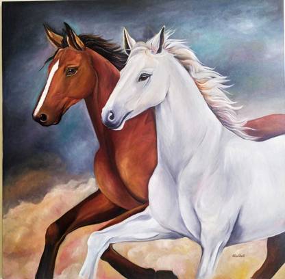 aaihiki Original Handmade Oil Painting on Canvas - Horses Oil 36 inch x 36 inch Painting