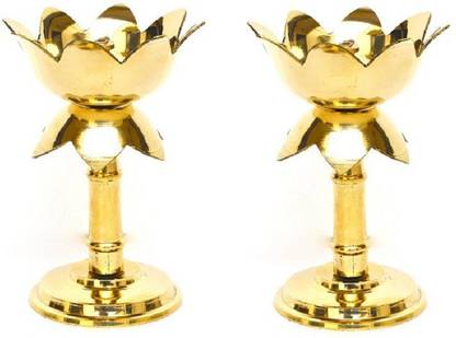 Divine Arts Wish Divine Kamal Diya Stand (pack of 2)(size 5x3 Inches) Brass (Pack of 2) Table Diya Set