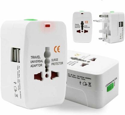 SrO Travel Universal Adaptor International All-In-One Surge Protector plug charger with Built in Dual 2 X USB Charger Ports with LED Indicator Surge/Spike Protected Electrical Plug with Inbuilt Surge Protection (White) more than 150 + Country Worldwide Adaptor