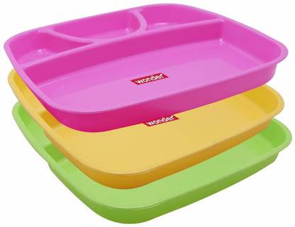 Wonder Microwave Safe Partition Plate, 3Pc, Pink Yeelow & Green Color, Madi ni India, KBS01531 Dinner Plate