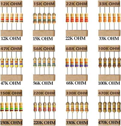 ANI7PARKS 1/4 Watts Carbon Film Resistors Fixed Resistor (12 kilo ohm, 15 kilo ohm, 22 kilo ohm, 33 kilo ohm, 47 kilo ohm, 56 kilo ohm, 68 kilo ohm, 100 kilo ohm, 150 kilo ohm, 220 kilo ohm, 330 kilo ohm, 470 kilo ohm ±5%) Students and Professionals DIY Package 120 Nos (10 Pcs Each) Fixed Resistor
