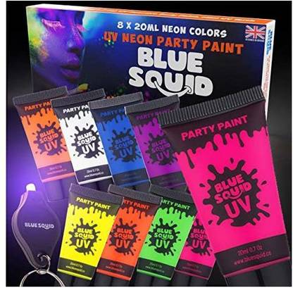 Blue Squid UV Face Body Paint Set - by Squid8 Liquid UV Body Paints (8 x Large 0.68 fl oz) +FREEBONUS Mini Ultraviolet Torch - Glo