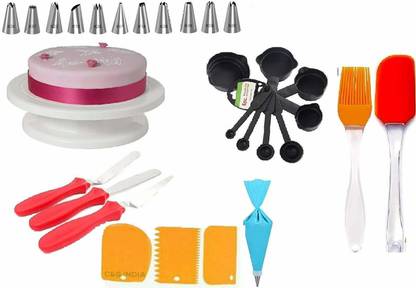 Greenstone Cake Decorating Kits Cake Turntable, 12 Numbered Cake Decorating Tips,3 Palette Knives, 3 Icing Smoother, 1 Silicone Piping Bag, 1 Set Brush Spatula, 8 pc Measuring Cup & Spoons Kitchen Tool Set