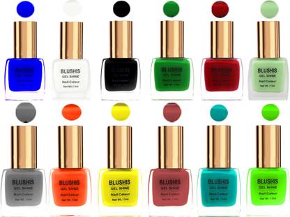 BLUSHIS Gel Shine Nail Color (11m) Black,Dusty blush,Lime,candy orange,Grey,Lemon,parrot green,White,Navy Blue,Black,Forest green,red