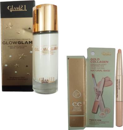 Glam21 1 GLOW GLAM HIGH DEFINITION MAKEUP BASE ILLUMINATING PRIMER 40 GM + 1 GOLD COLLAGEN COLOR CONTROL NATURAL BASE TWO IN ONE CONCEALER