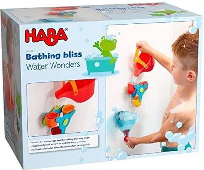 HABA Bathtub Ball Track Bathing Bliss Water Wonders - Waterwheel, Funnel and Watering Can for Endless Pouring Fun! Bath Toy