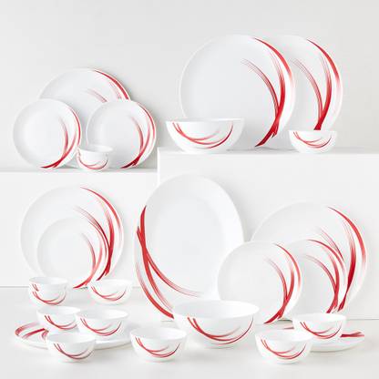 Larah by Borosil Pack of 27 Opalware Red Stella Dinner Set