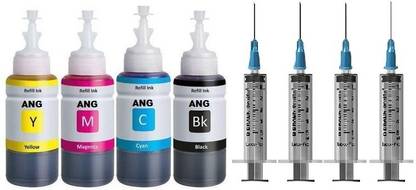 Ang Refill Ink For HP DeskJet Plus 4123 Multi-function WiFi Color Printer Each Bottle 100 ML_With Syringe Black + Tri Color Combo Pack Ink Cartridge