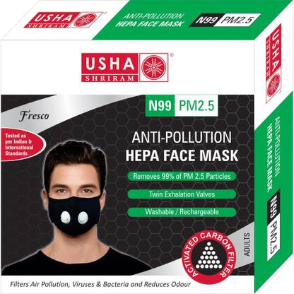 USHA SHRIRAM FRESCO N99, PM2.5 HEPA Anti-Pollution Protection Reusable Face Mask (Pack Of 1) FM99251 Washable, Reusable