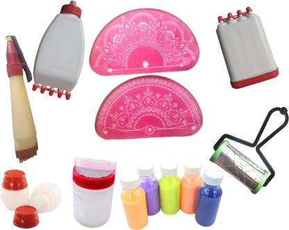 Upyukat Rangoli making kit- (2pcs of semi Circle Rangoli Stencils (35X20 cm), 1 Big & 2 Small Rangoli fillers, 1 Rangoli Pen, 1 Rangoli Roller, 1 Galicha patta, 1 Rangeela patta and 5 Colour Bottles Rangoli Stencil