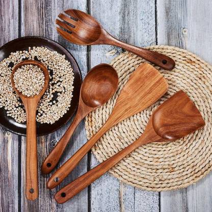 Bhoomi Shopee Bhoomi Shopee Kitchen Utensils Set, Wooden Cooking Utensils Set Non Stick Soft Comfort Grip Smooth Finish Teak Wooden Spoon Set of 5 Kitchen Tool Set