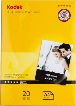 KODAK Photo Paper A4 (210x297mm) 280 GSM High Glossy Water Resistant Instant Dry For All Inkjet Printers 20 Sheets Unruled A4 280 gsm Photo Paper