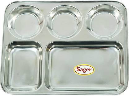Sager Stainless Steel Lunch/Dinner Plate/Bhojan Thali 5 in 1 Compartments Set of 1 Dinner Plate