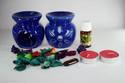 BHARTI TRADERS ROSE Aroma Oil, Diffuser Set Ceramic Aroma Air Freshner Tea Light Diffuser Combo Pack of 2( Blue Colour) ROSE Fragrance (10ML) & 2 Candles Diffuser Set (5 x 2 ml)