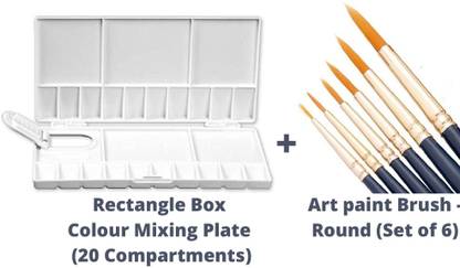 Upyukat Rectangle Box Painting Palette /Water Color Palette/Color Mixing Plate/20 Wells Water colour Palette/Colouring Palette for Artist Kids – White (1 pc) and Artist Brush set- Round paint brush for artists (set of 6 brushes)
