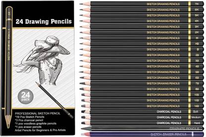 Definite Sketch Drawing Pencils- 14B, 12B, 10B, 8B, 7B, 6B, 5B, 4B, 3B, 2B, B, H, HB, 2H, 3H, 4H, 5H, 6H and 7H (19 Pencils); Charcoal Pencils - Hard, Medium and Soft (3 Pencils); 1 Woodless Graphite Pencil- 6B and 1 Sketch Eraser Pencil