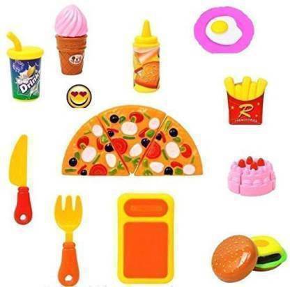 CTC CREATION 13 Pcs Realistic Slice-able Cutting Fast Food Kitchen Set Toy with Various Items Like Pizza, Burger, Cake, Ice Cream & Many More, Knife, Spoon, Fork for Kids toy