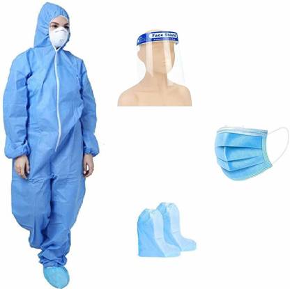 AARYA PPE KIT with Full Body Coverall head cap , Gloves, Shoe Cover, Face Mask, Face Shield, Complete PPE kit for Doctors, Washable & Reusable Safety Jacket (blue) (70gsm ) made in india Safety Jacket