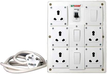BITCORP Extension Board 15A 16A 5 Socket 3 Switch with MCB 8 Meter 6 mm Long Wire Cable Cord with 25 Amp Power Plug 5 Socket Extension Boards