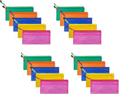 JSM Multipurpose Waterproof Zipper Pouches Document Holder/Pen Pencil Case/Stationery Storage Bags/Cosmetic Pouch/Travel Organizer (Multicolour, Small Size) - Pack of 20 Plastic Storage Pouch